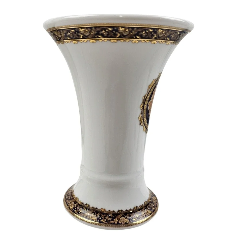 T. Limoges Bacchus Porcelain Trumpet Vase White Gold Navy Blue 7in France